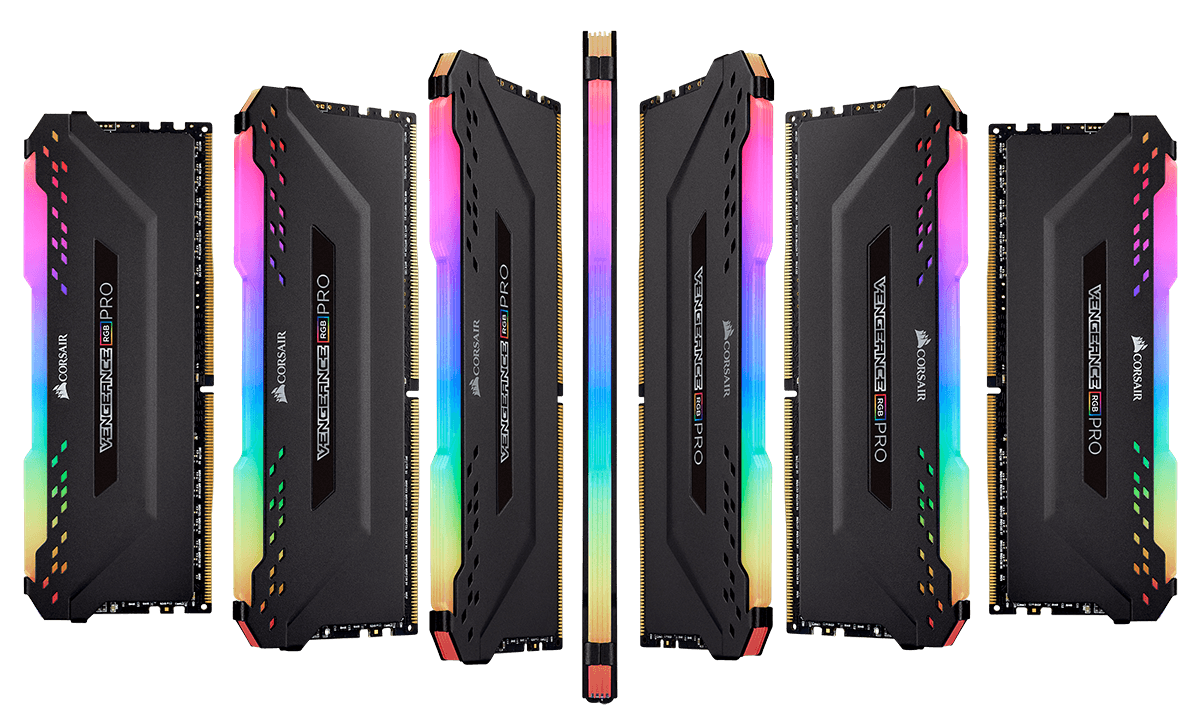 An array of CORSAIR Vengeance RGB Pro modules in different angles